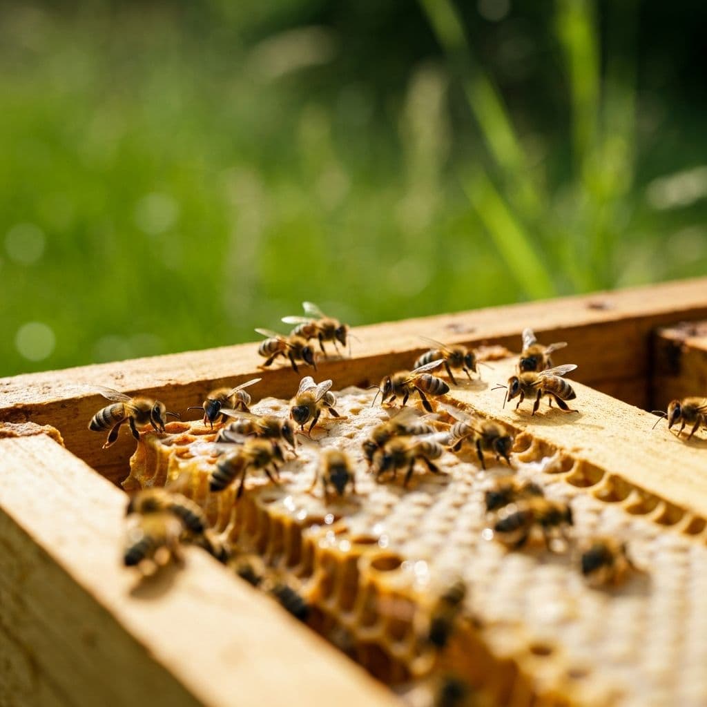 Honeybees on a wooden beehive frame with golden honeycomb
