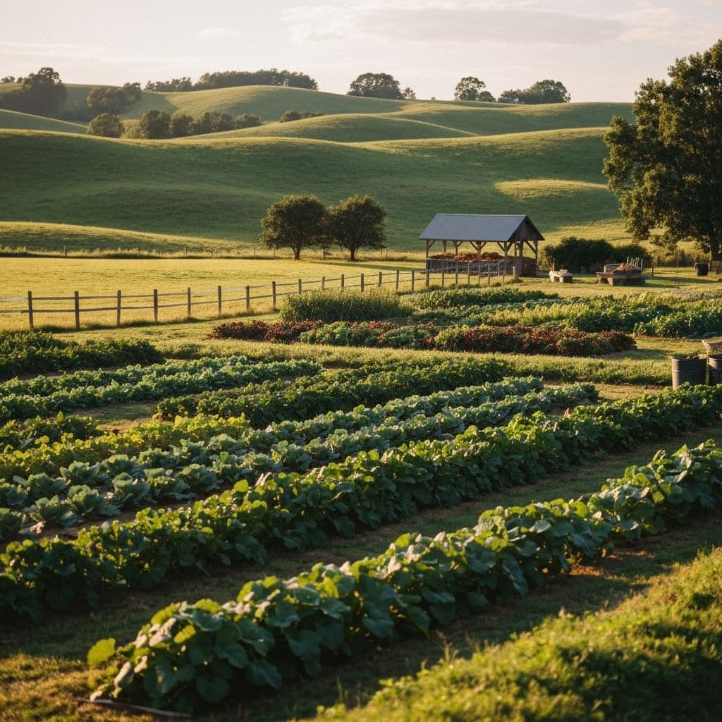 Golden hour farmstead with lush rows of crops and rolling hills