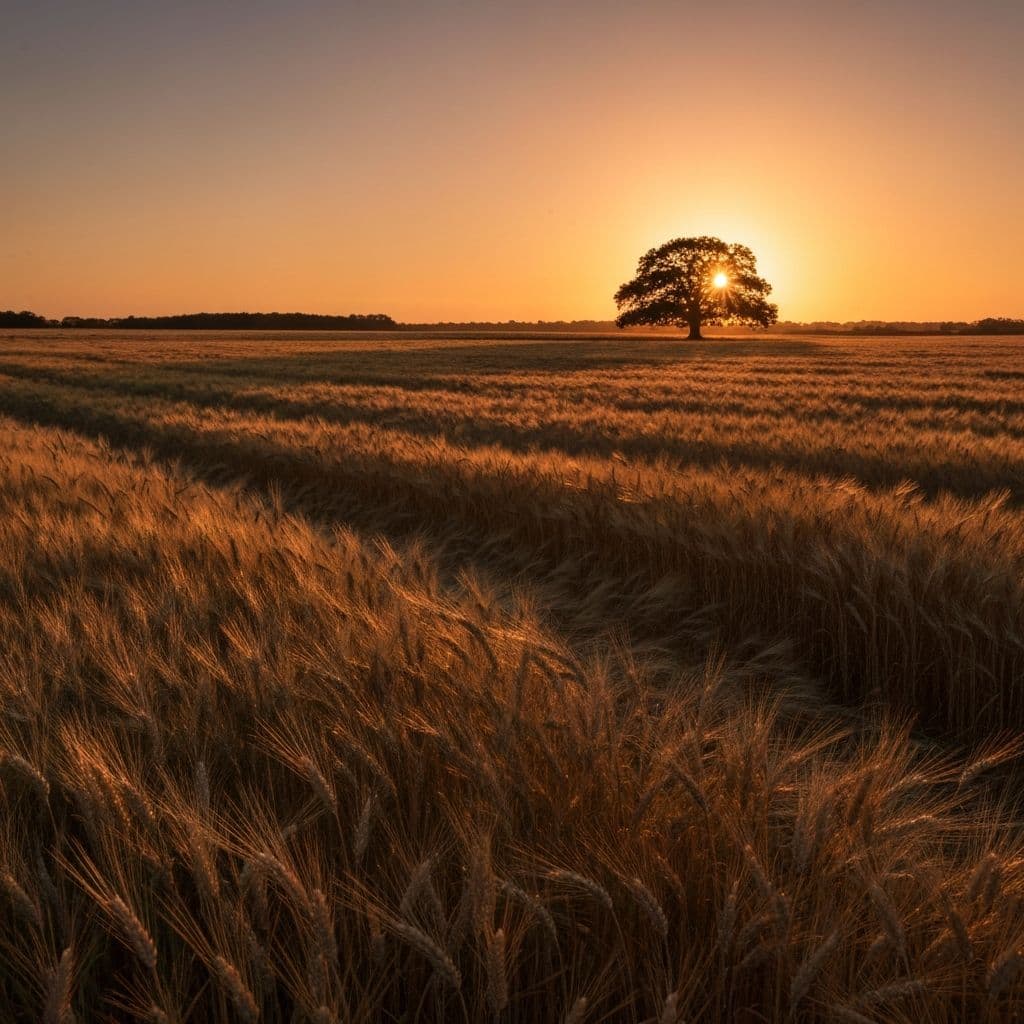 Golden wheat field at sunset with a lone oak tree in the distance